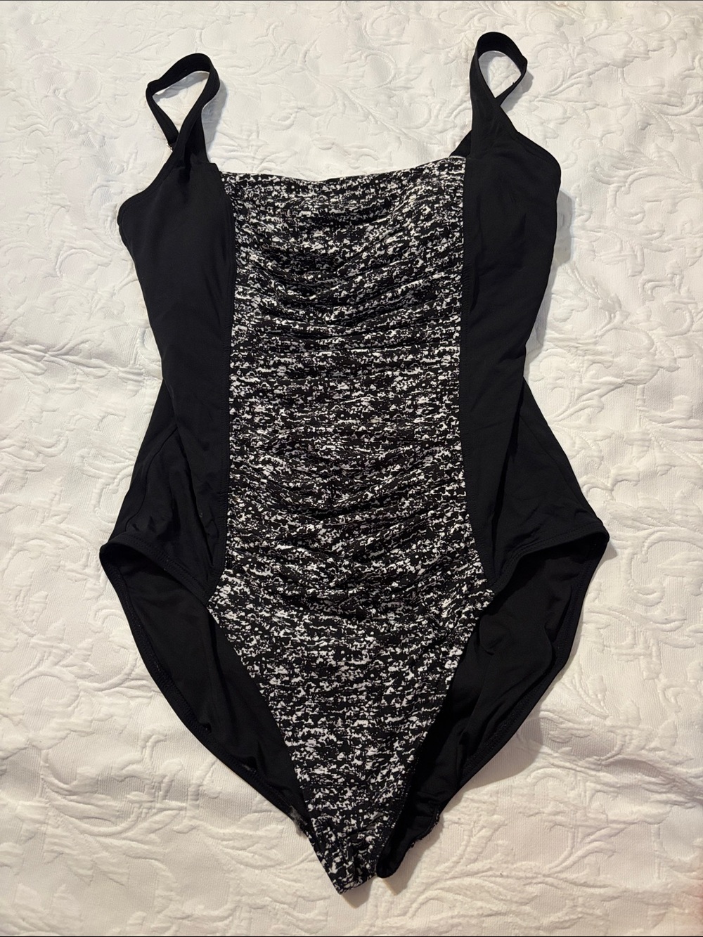Calvin Klein Black and White Ruched One-Piece Swimsuit